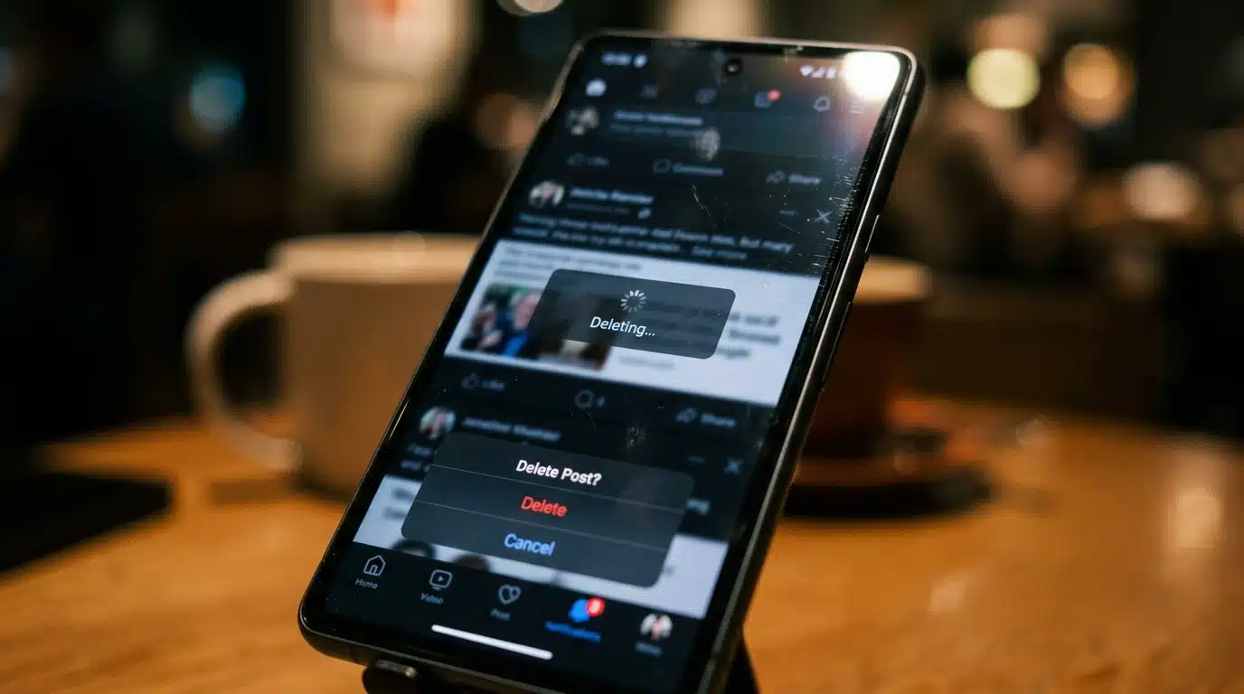 Écran de smartphone montrant une publication supprimée sur un réseau social