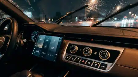 Tableau de bord de voiture avec boutons physiques illuminés