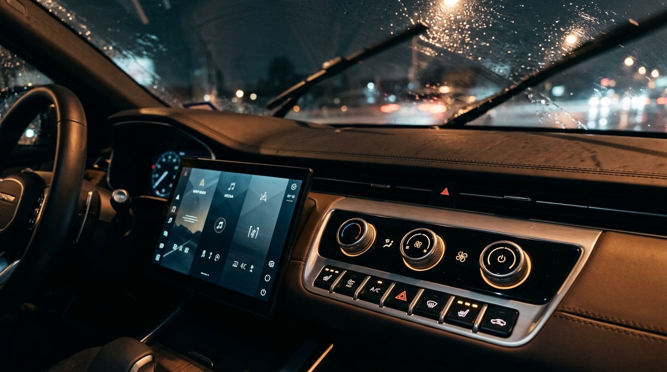 Tableau de bord de voiture avec boutons physiques illuminés