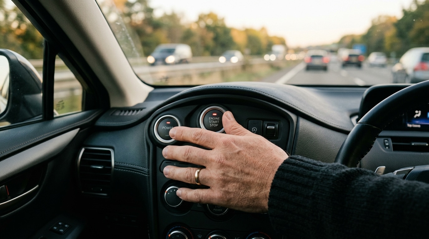 Main appuyant sur un bouton physique dans une voiture