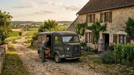 Camionnette ancienne garée devant une ferme en pierre