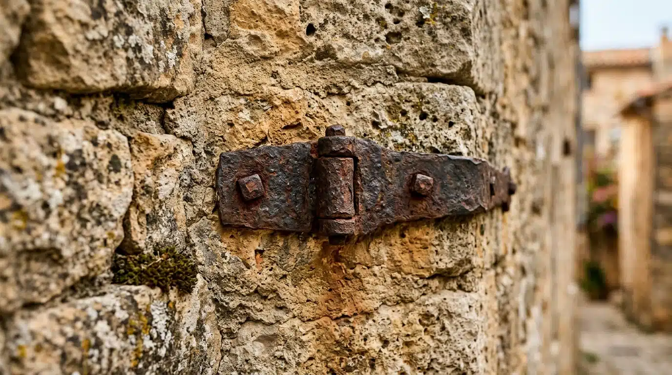 Gonds rouillés, dernier vestige de la maison démolie