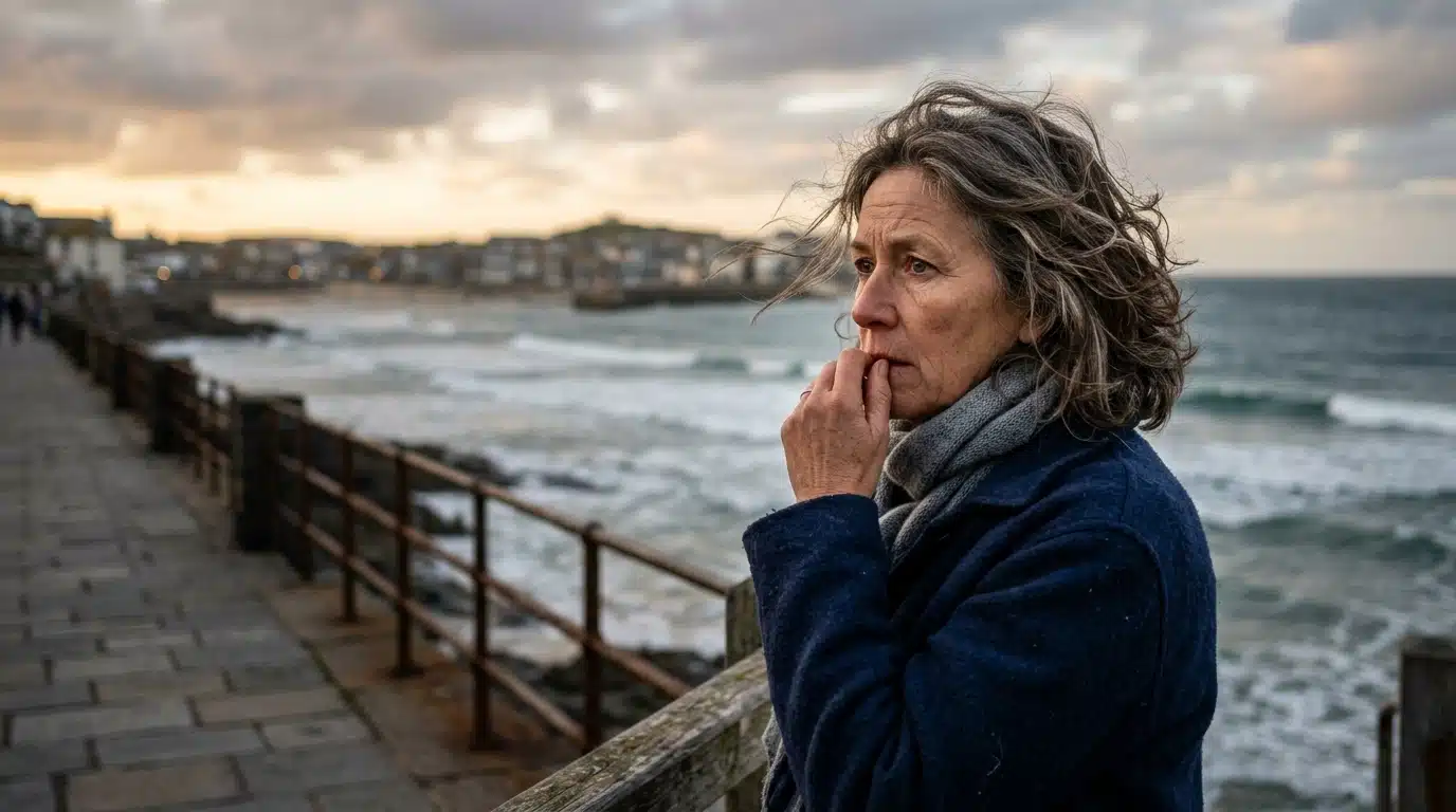 Homme inquiet regardant la mer depuis une promenade côtière