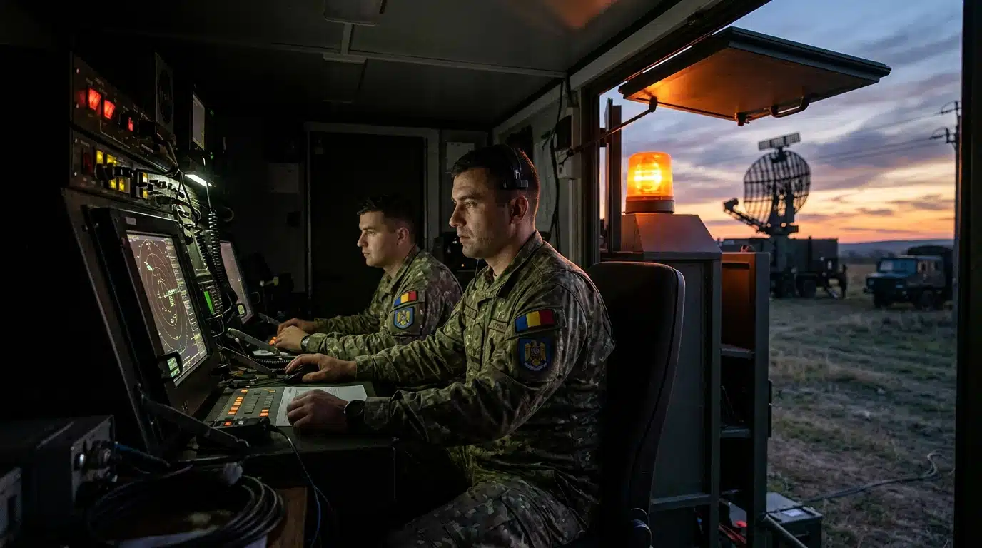 Radar militaire roumain surveillant le ciel de nuit