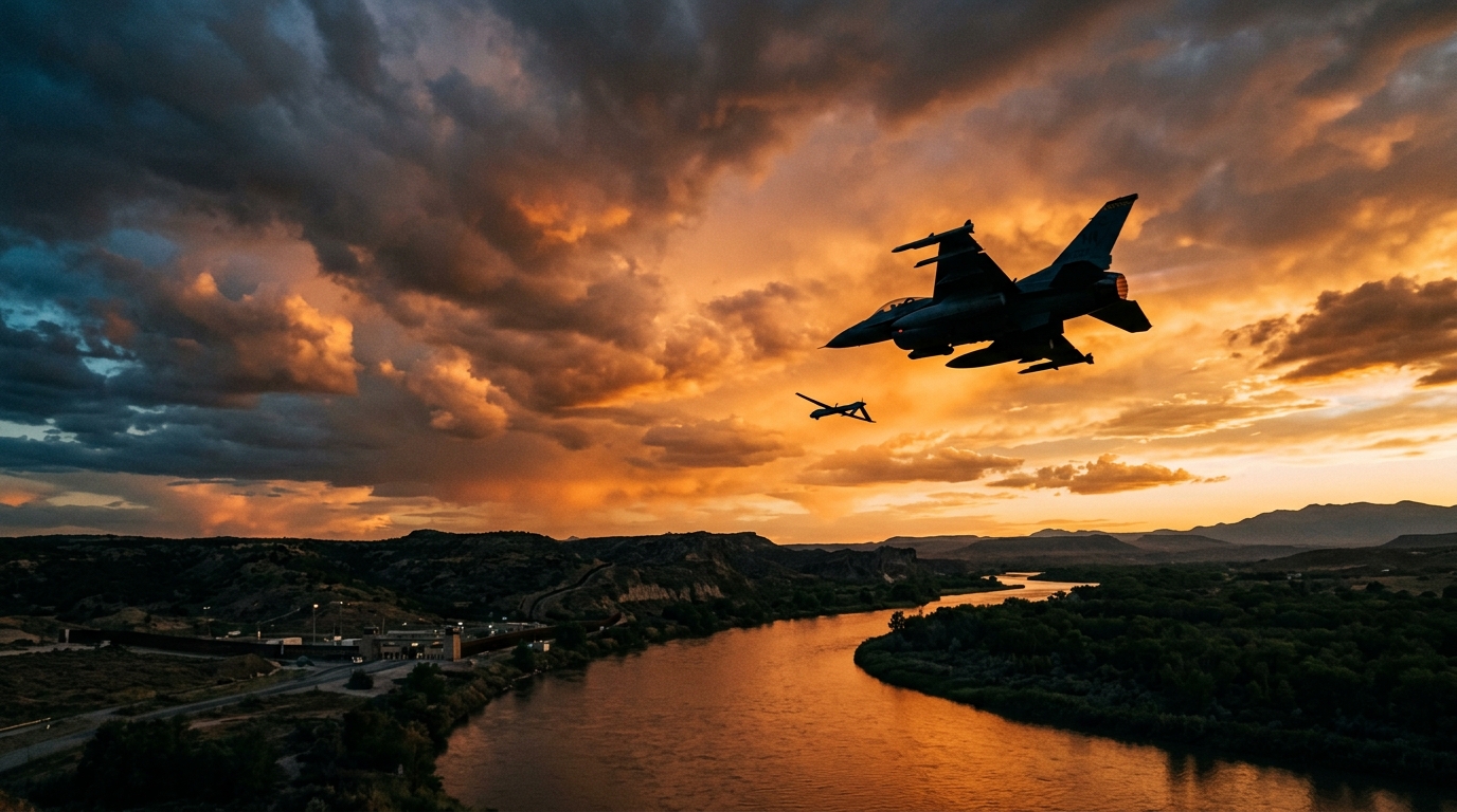Avion de chasse interceptant un drone au coucher du soleil