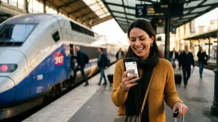 Voyageuse souriante consultant son billet de TGV sur smartphone