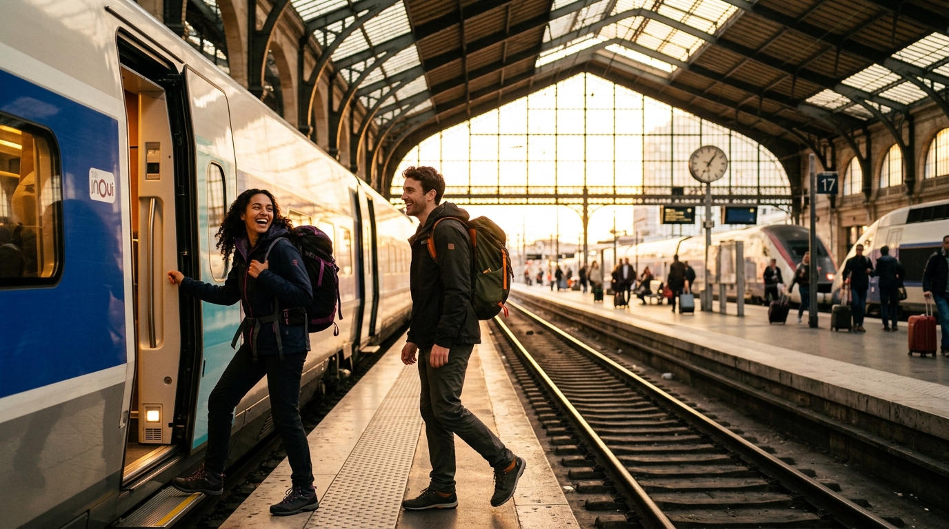 Couple heureux embarquant à bord d'un TGV INOUI