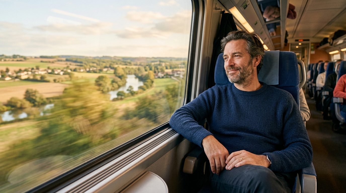 Passager détendu installé côté fenêtre dans un TGV