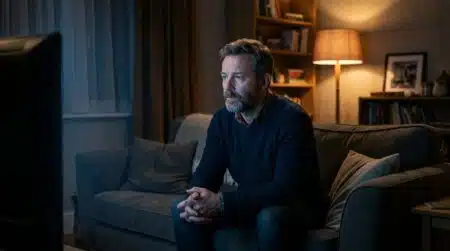Homme regardant la télévision seul dans un salon sombre