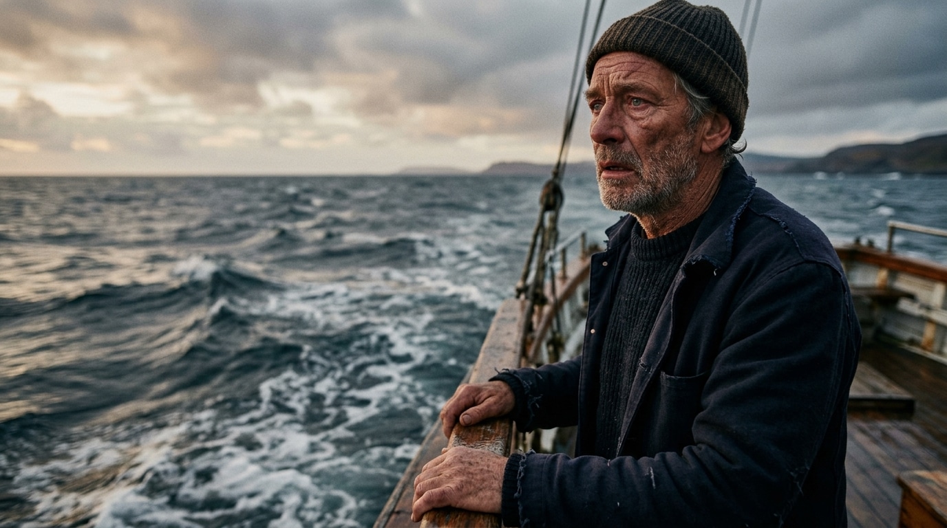 Capitaine de bateau au regard bouleversé en mer