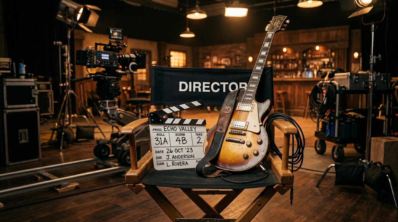 Clap de cinéma et guitare rock sur un plateau de tournage