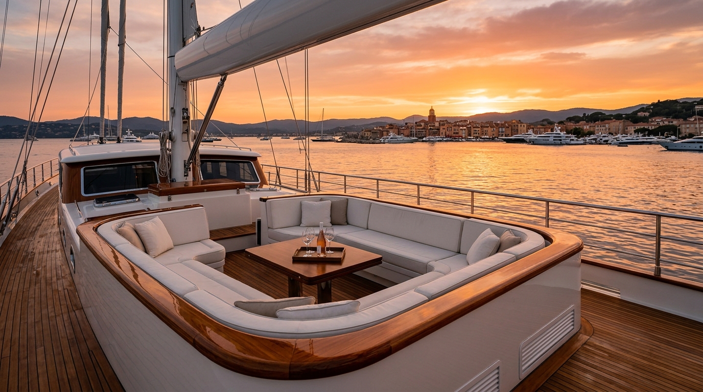 Pont de yacht de luxe au coucher du soleil à Saint-Tropez