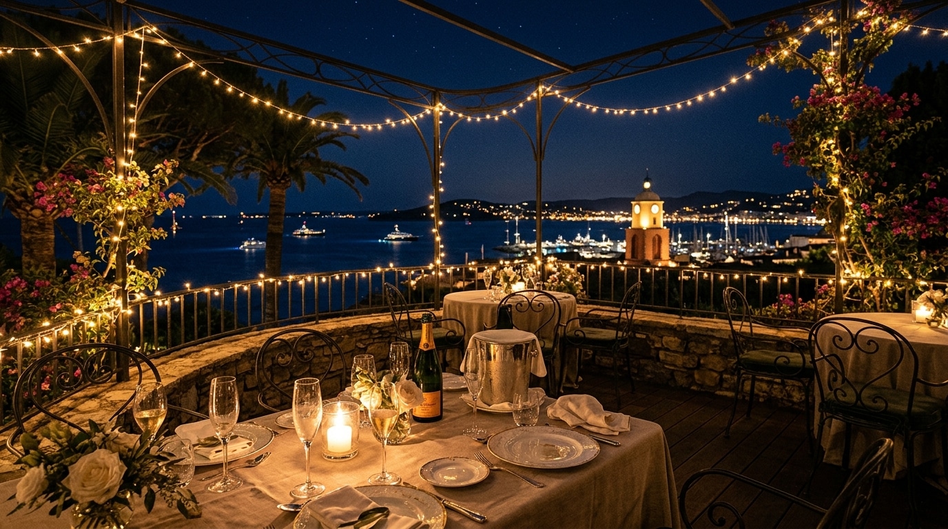 Terrasse de fête à Saint-Tropez, ambiance nocturne évoquant la soirée du 25 juin
