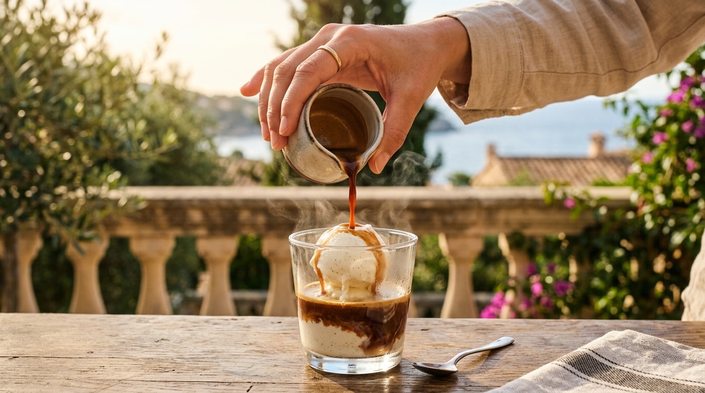 Café chaud versé sur une glace vanille dans un verre