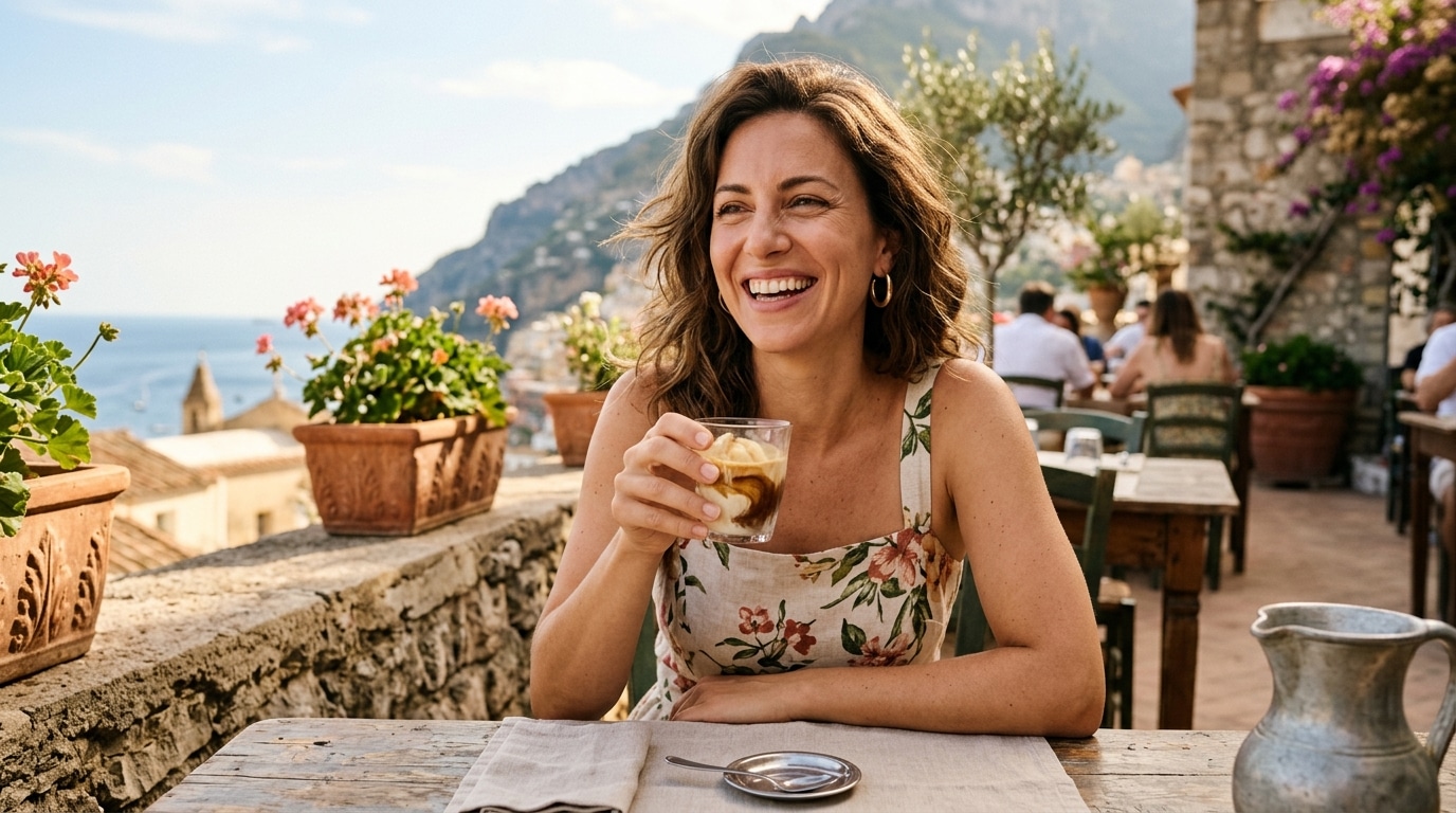 Femme souriante dégustant un affogato en terrasse