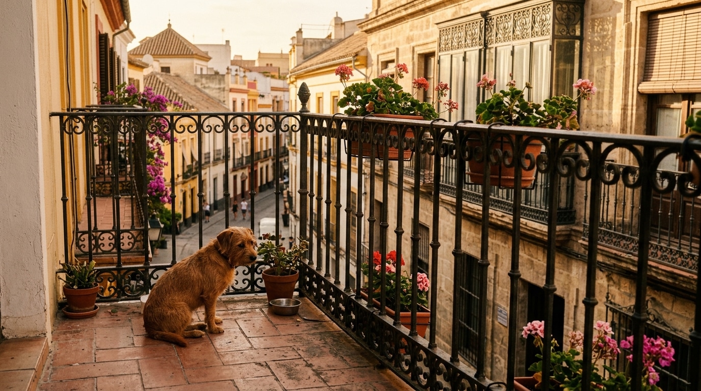 Petit chien seul sur un balcon espagnol ensoleillé