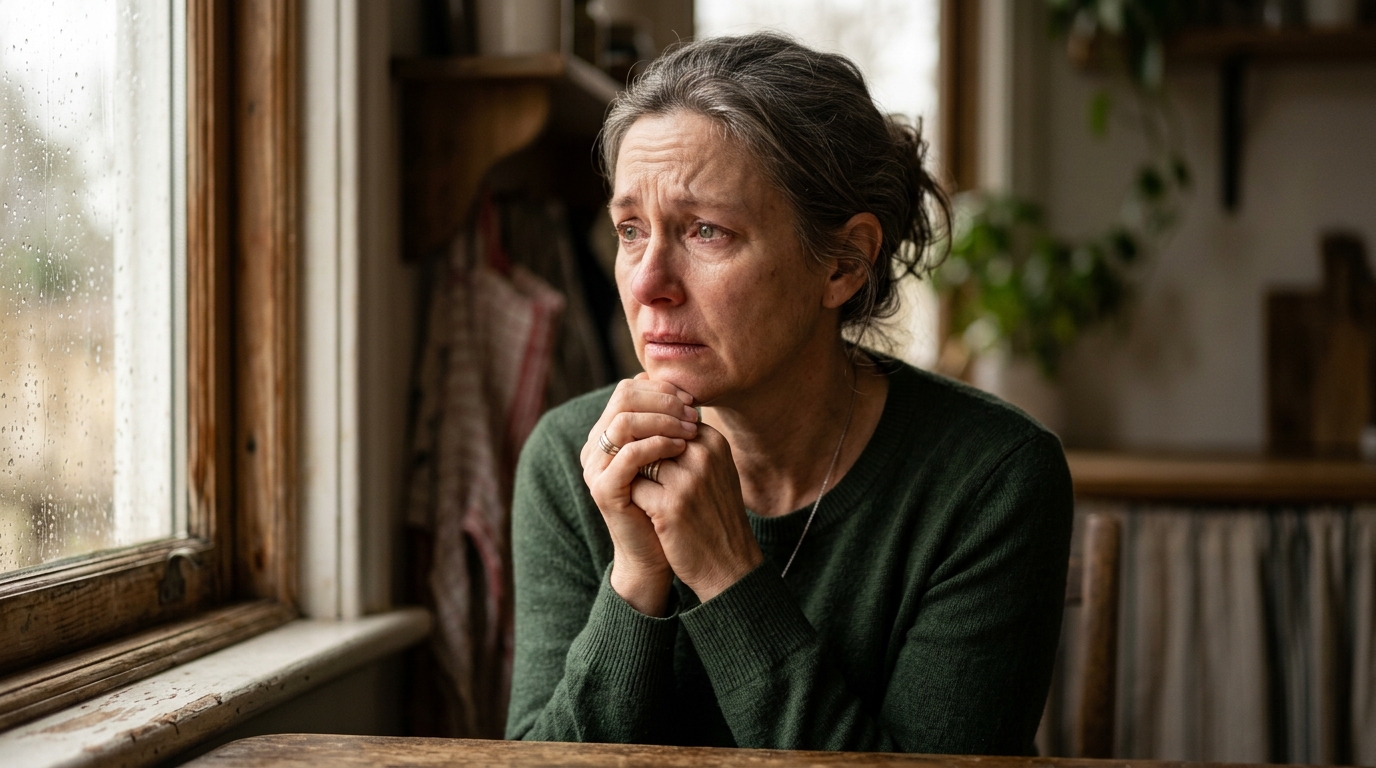 Visage d'une femme inquiète près d'une fenêtre