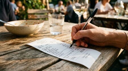 Addition de restaurant examinée de près sur une table