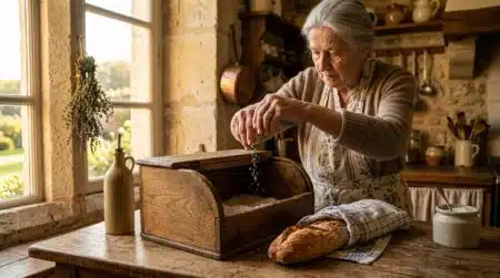 Grand-mère glissant du gros sel dans une boîte à pain