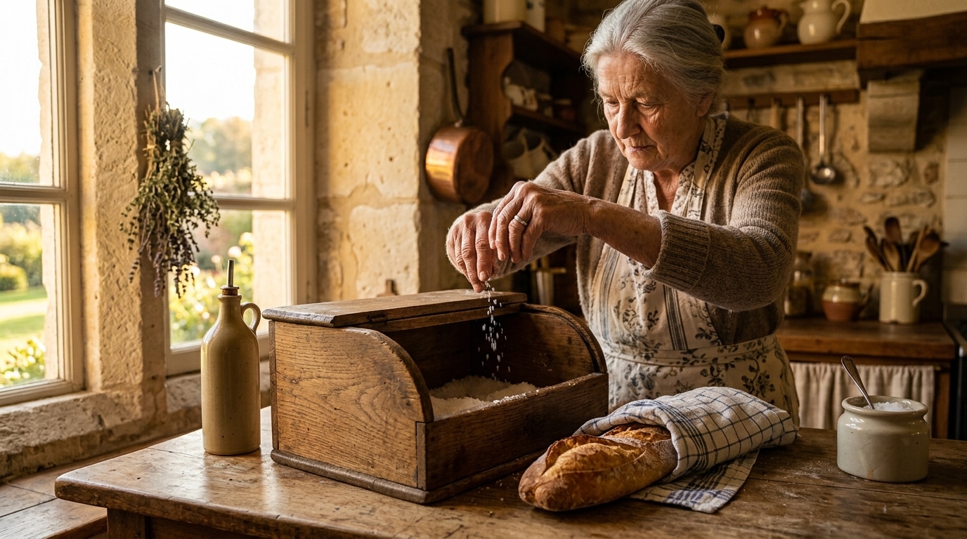 Grand-mère glissant du gros sel dans une boîte à pain