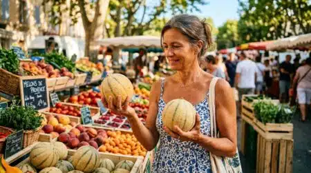 Femme soupesant un melon sur un étal de marché
