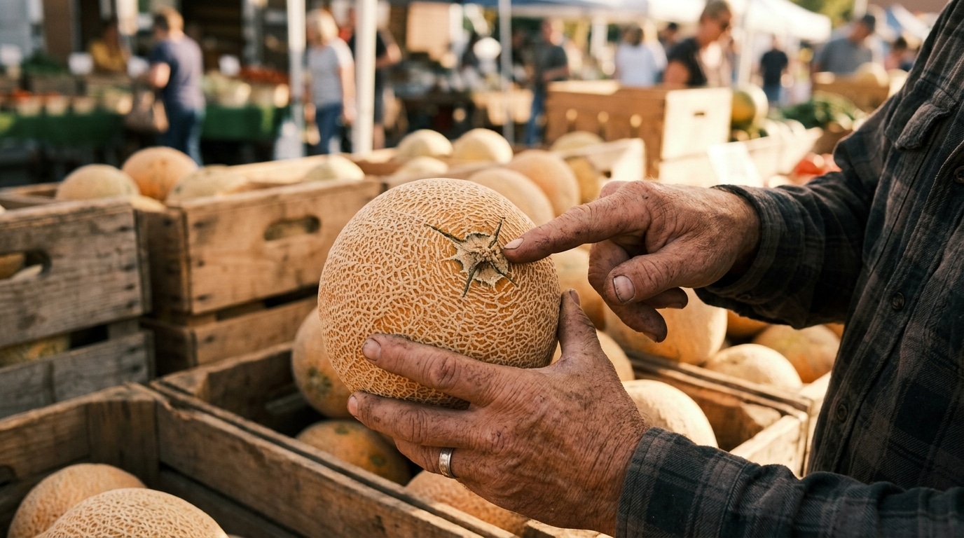 Gros plan sur le pédoncule craquelé d'un melon mûr