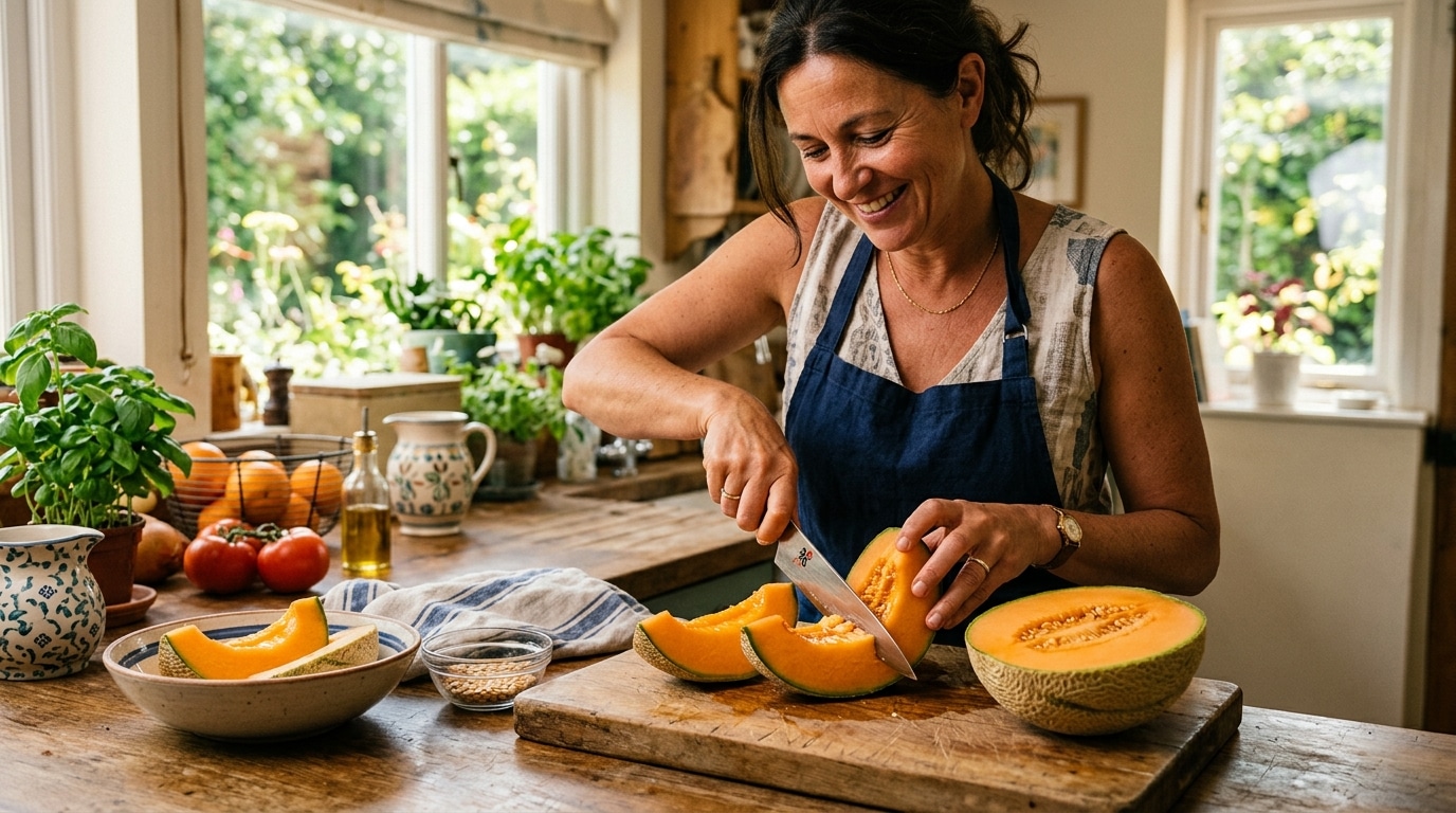 Melon coupé en tranches sur une table en été