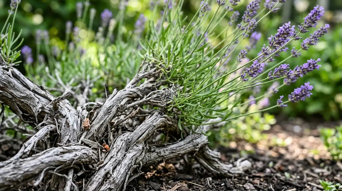 Pied de lavande avec bois mort et tiges vertes