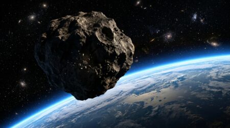 Astéroïde survolant l'atmosphère terrestre vue de l'espace