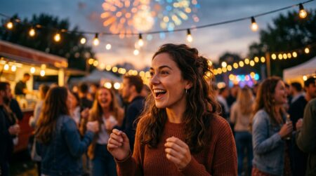 Jeune femme souriante surprise lors d'une soirée estivale