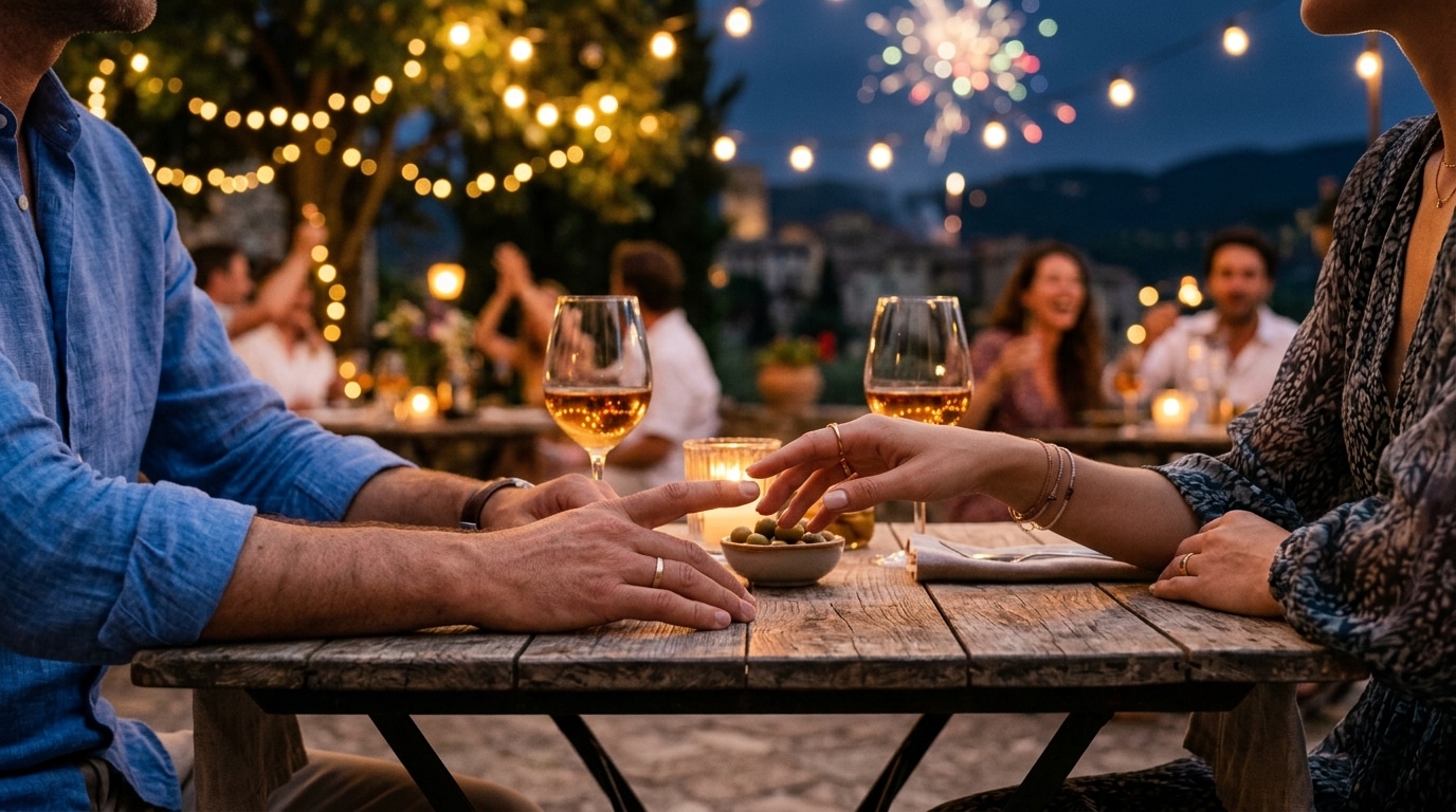 Mains proches sur une table lors d'une fête nocturne