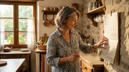 Femme consultant un calendrier mural dans sa cuisine