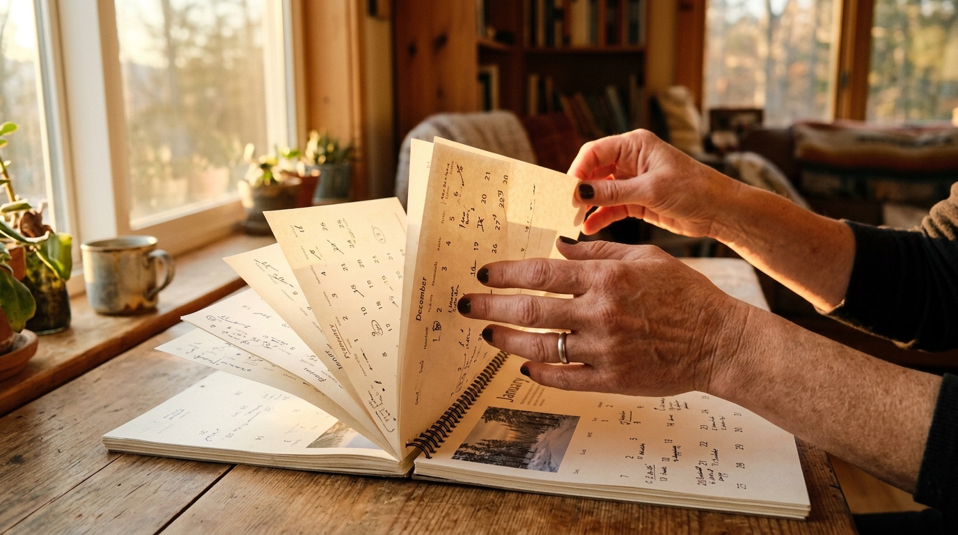 Mains feuilletant les pages d'un calendrier annuel