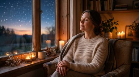 Femme sereine au lever du soleil symbolisant l'apaisement astrologique