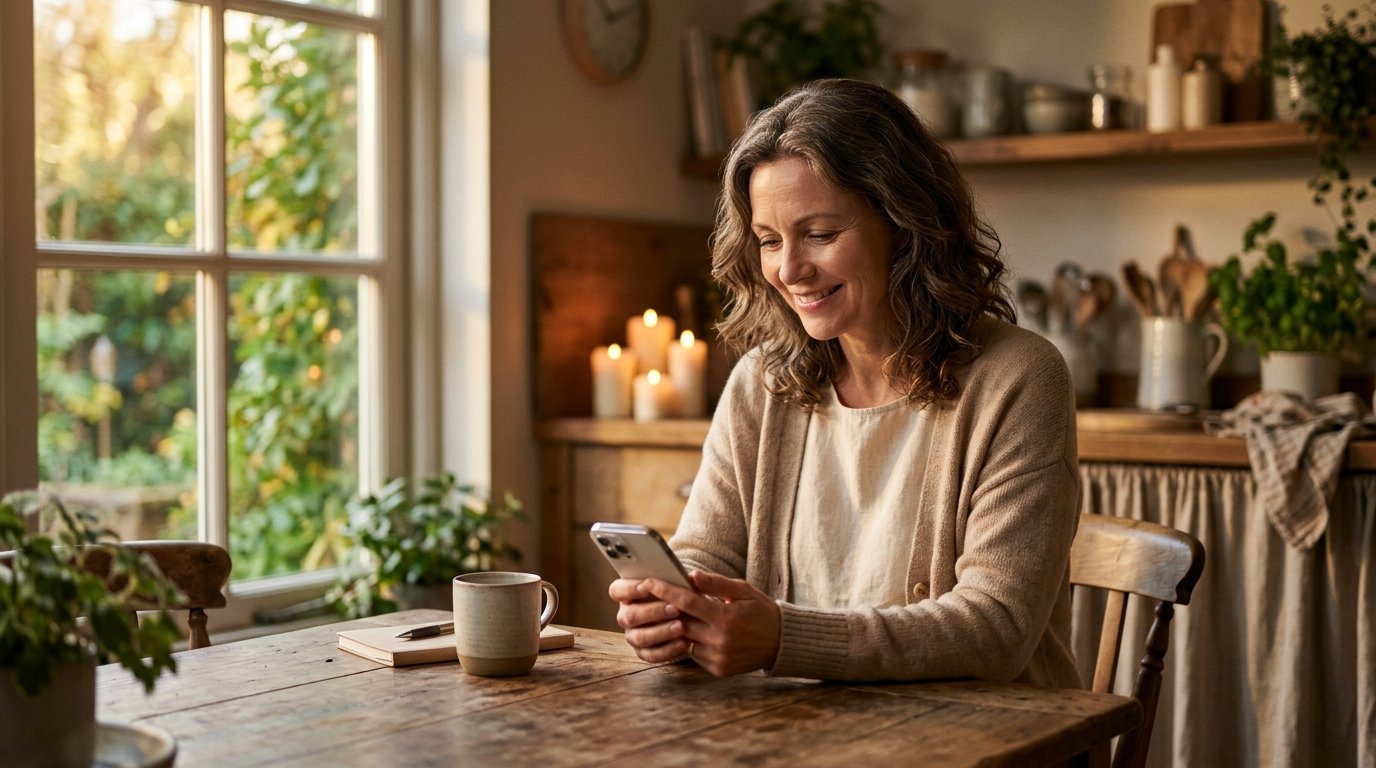 Femme souriante consultant son téléphone en lumière dorée