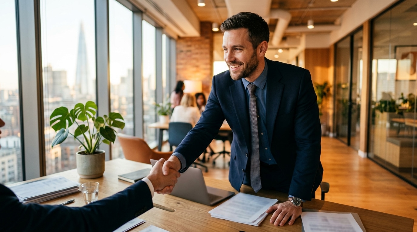 Poignée de main professionnelle dans un bureau lumineux