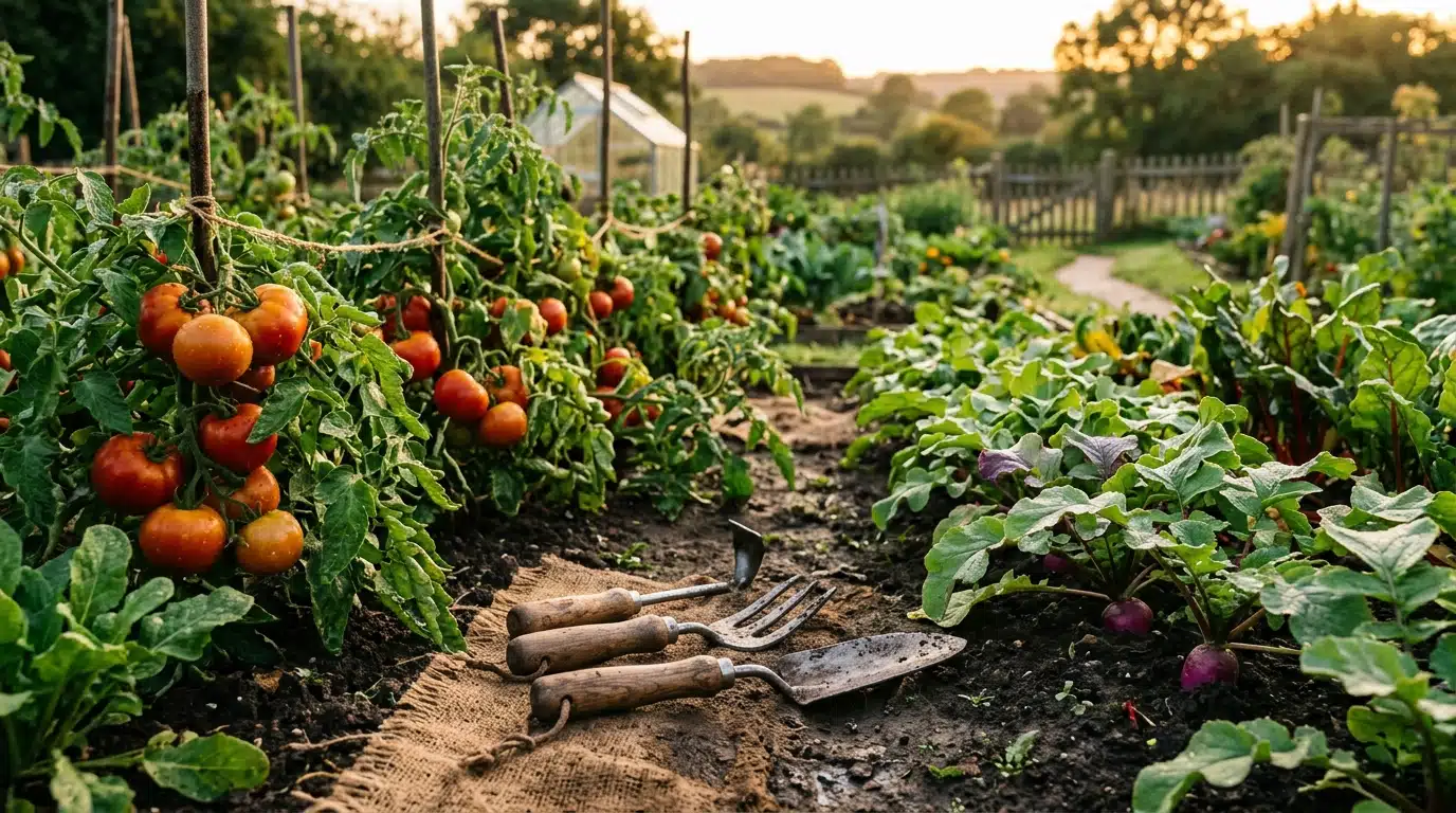 Outils de jardinage au repos près d'un potager au petit matin