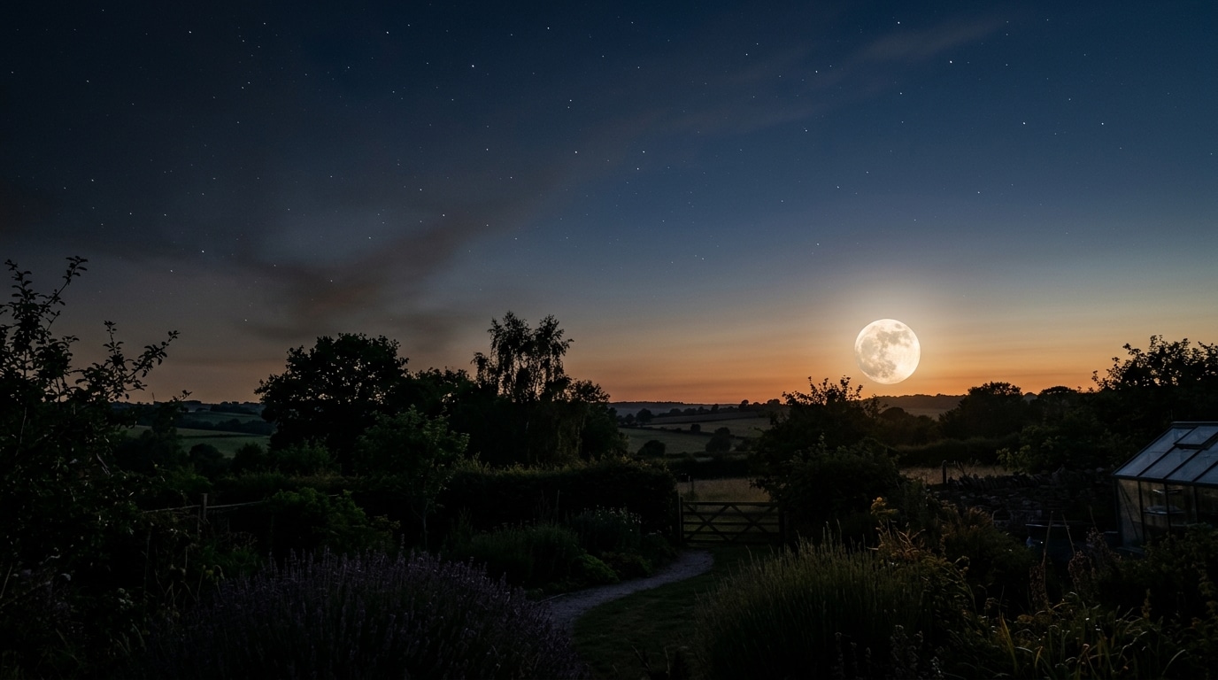 Pleine lune basse sur l'horizon d'un jardin rural