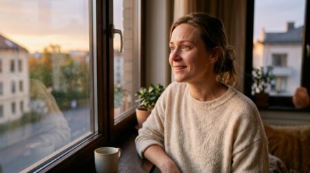 Femme souriante face à une fenêtre au lever du jour