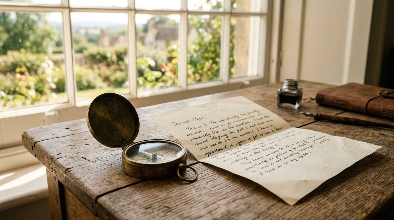 Lettre ouverte et boussole ancienne sur bureau en bois