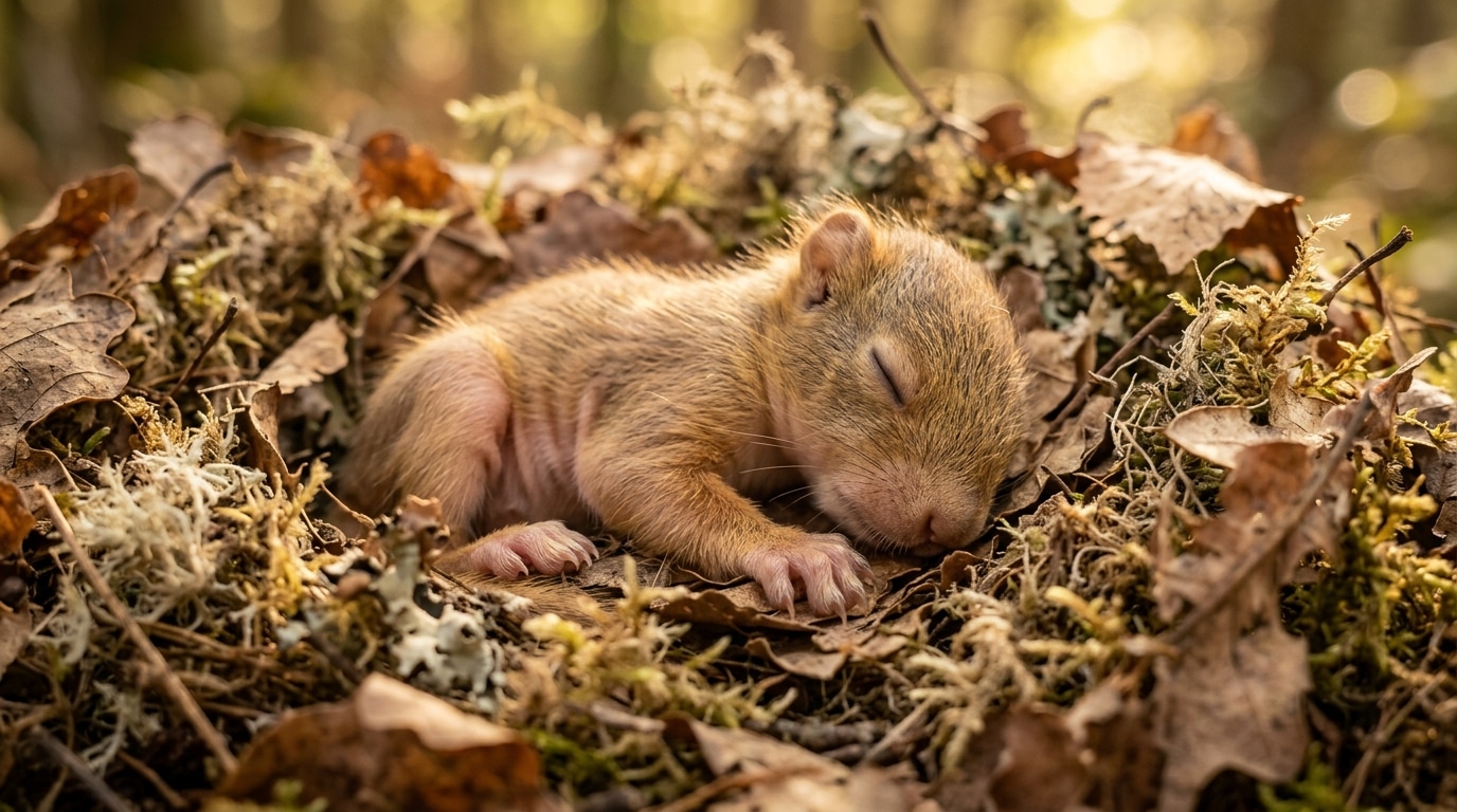 Bébé écureuil nu et aveugle dans un nid de feuilles