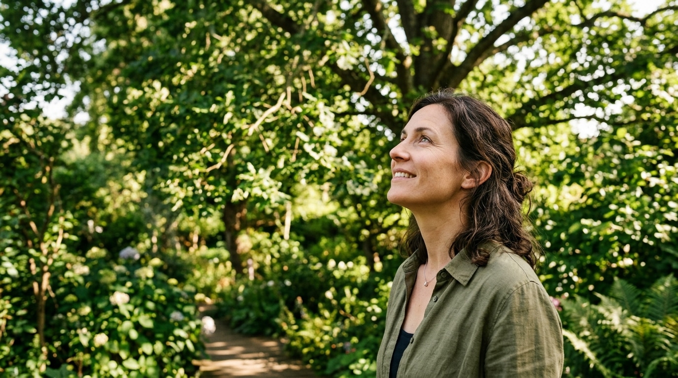 Personne souriante observant un arbre dans un jardin