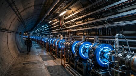 Tunnel souterrain du collisionneur de particules aux anneaux lumineux
