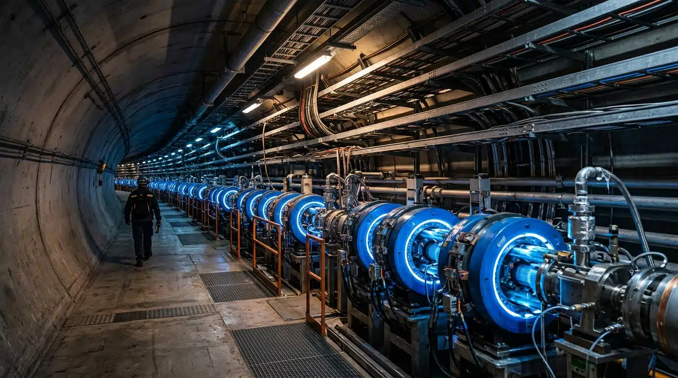 Tunnel souterrain du collisionneur de particules aux anneaux lumineux