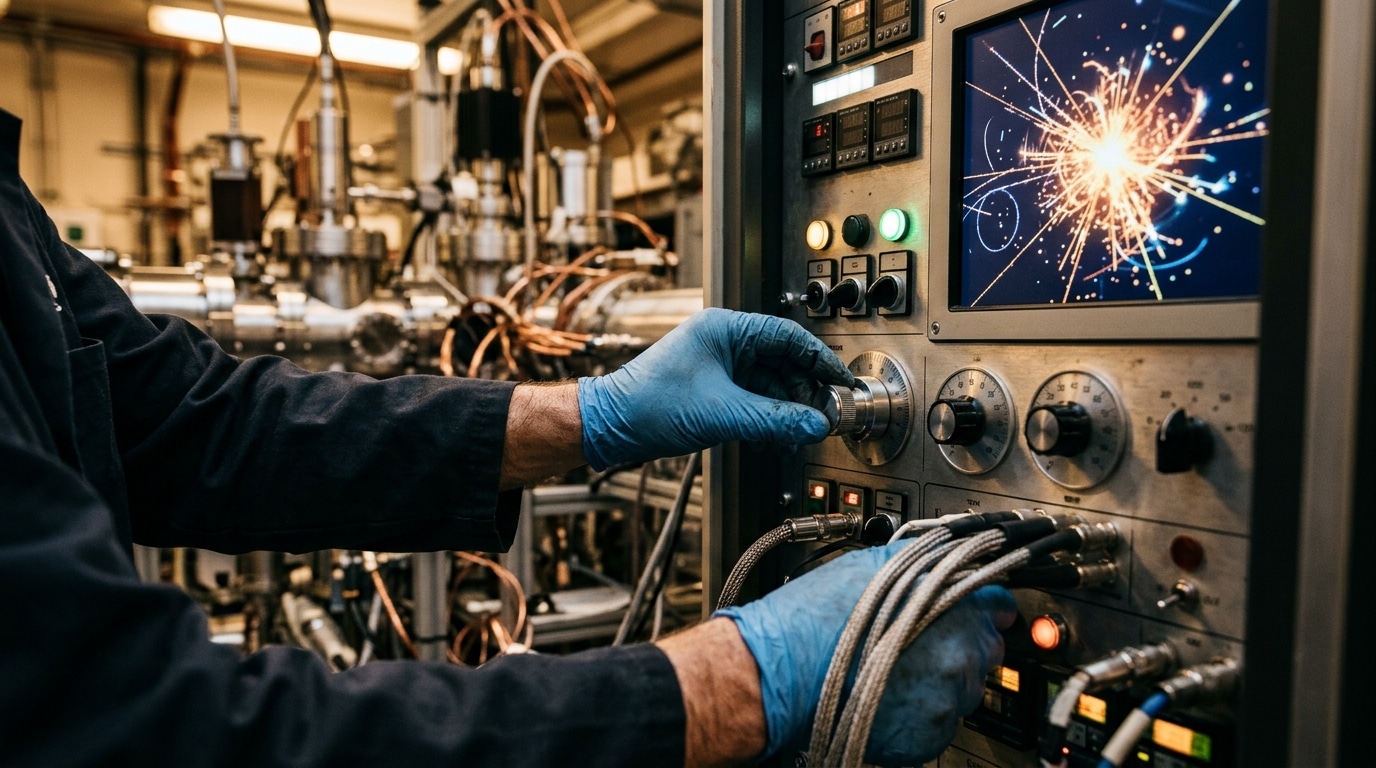 Mains d'un scientifique sur un panneau de contrôle high-tech