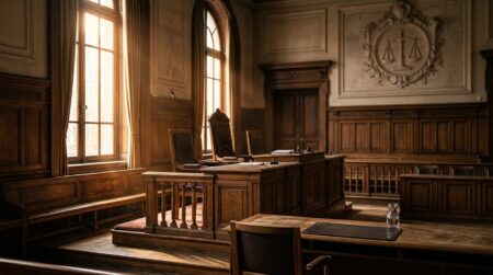 Banc de bois vide dans une salle d'audience