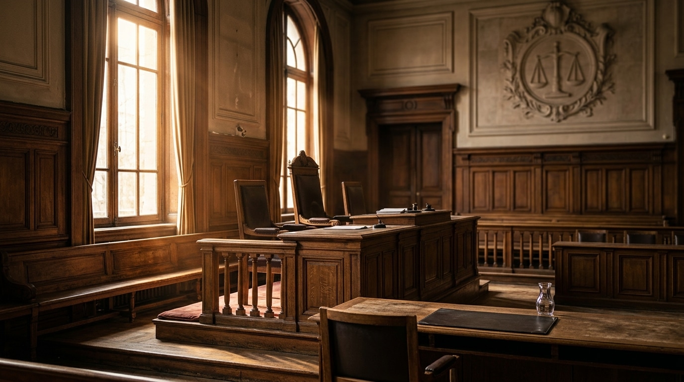 Banc de bois vide dans une salle d'audience