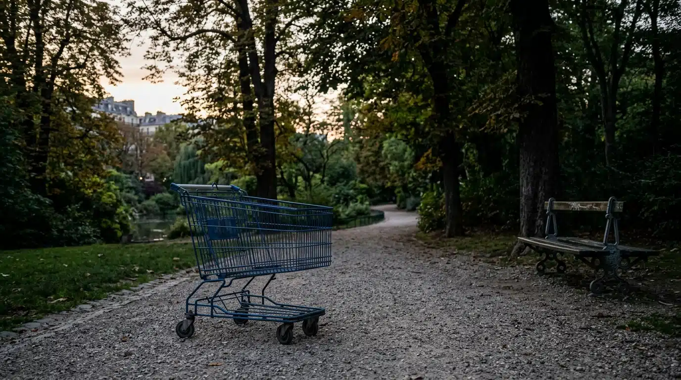 Chariot bleu abandonné sur un chemin de parc