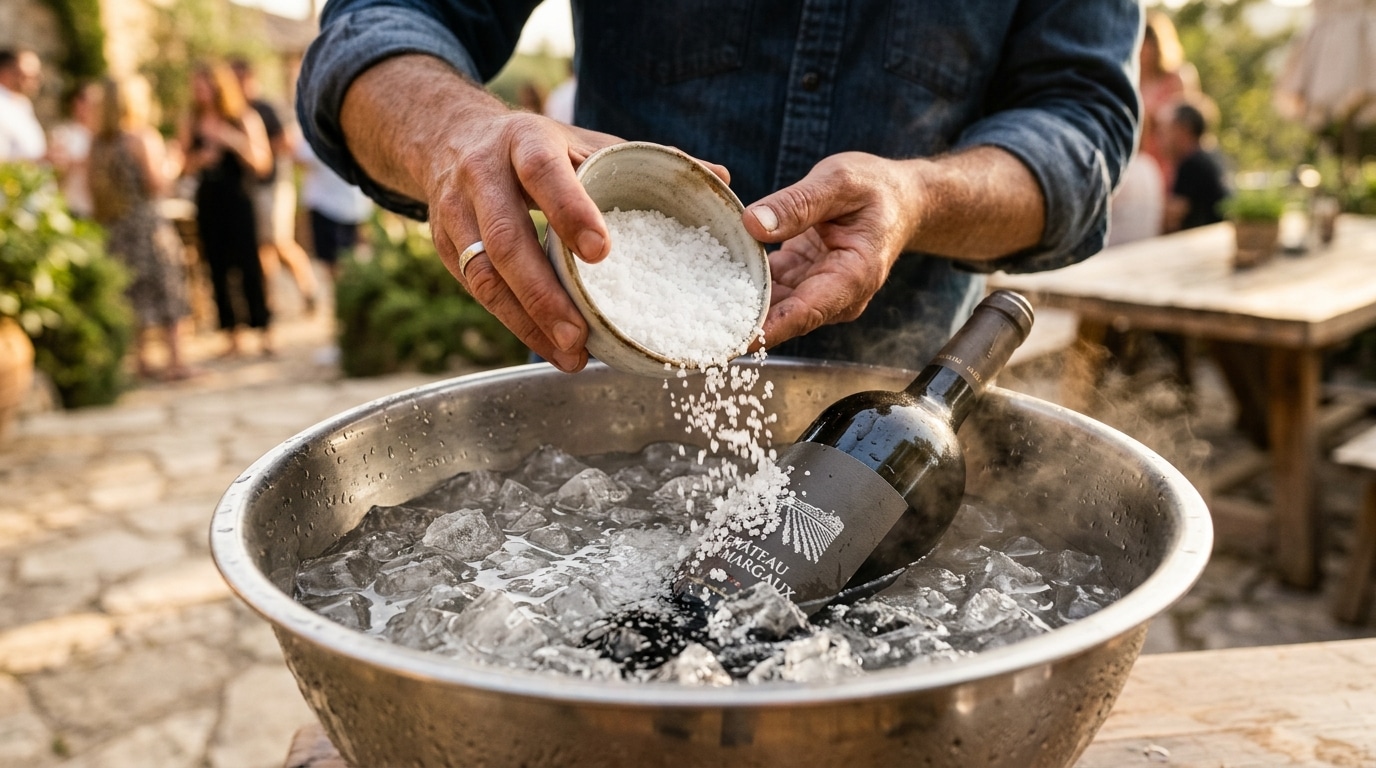 Gros sel versé sur des glaçons dans une bassine