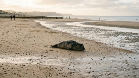 Jeune phoque veau-marin seul sur une plage normande